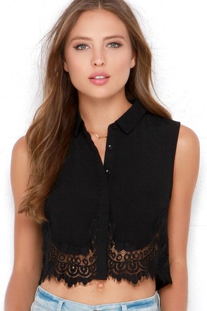 Cute Black Top - Lace Top - Crop Top - Button-Up Top - $42.00