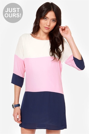 Cute Pink and Navy Blue Color Block Dress - Shift Dress