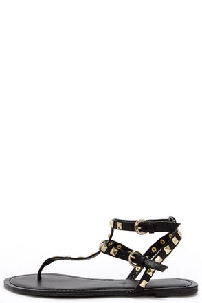 Cool Black Sandals - Gold Studded Sandals - Vegan Leather Sandals - $21.00