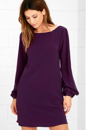Cute Purple Dress - Shift Dress - Long Sleeve Dress - $38.00