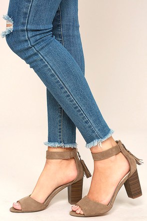 taupe suede ankle strap heels