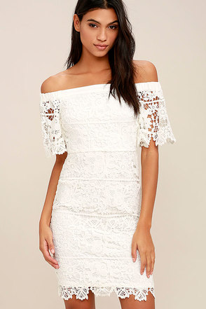 Sexy White Midi Dress - Lace Dress - Off-the-Shoulder Dress - $64.00