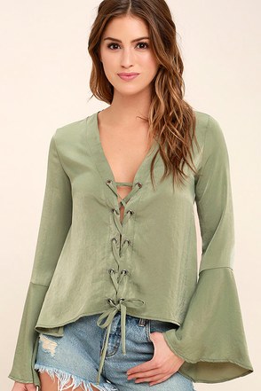Lovely Sage Green Top - Long Sleeve Top - Lace-Up Top - Satin Blouse ...
