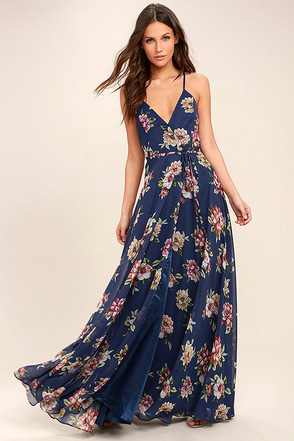 Lovely Navy Blue Floral Print Dress - Maxi Dress - Wrap Dress - $98.00