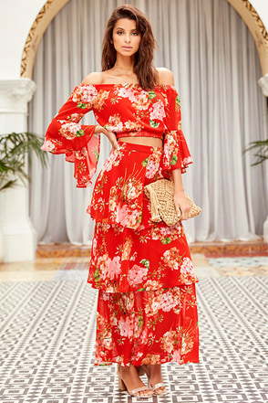 Lovely Red Floral Print Skirt - Maxi Skirt - Tiered Maxi Skirt - $46.00