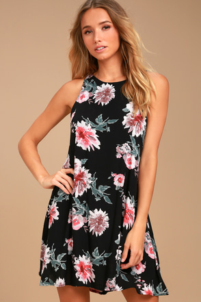 Cute Black Floral Print Dress - Swing Dress - Sleeveless Dress