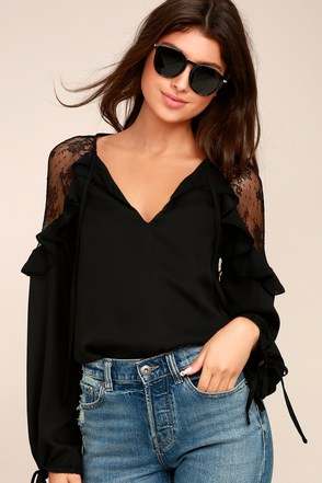 Chic Black Top - Lace Top - Long Sleeve Top