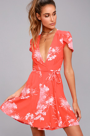 Rollas Dancer - Coral Red Floral Print Dress - Wrap Dress
