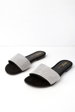 Cute Black Sandals - Vegan Suede Rhinestone Slide Sandals