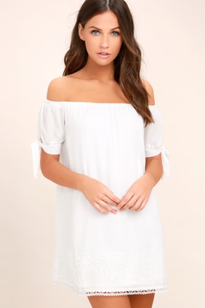 Cute White Dress - Off-the-Shoulder Dress - Lace Shift Dress