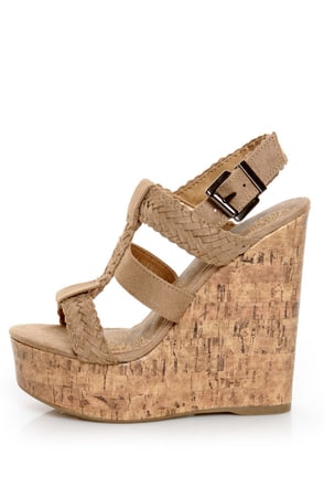 Soda Sotto Stone Taupe Braided T-Strap Wedges - $29.00