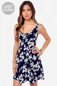Sweet Floral Print Dress - Navy Blue Dress - Skater Dress - $49.00