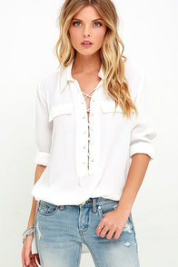 Lace-Up Top - Ivory Top - Long Sleeve Top - White Top - $46.00