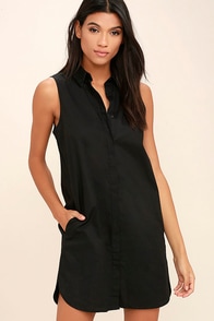 Chic Black Dress - Shirt Dress - Button-Up Dress - Black Collared Dress ...
