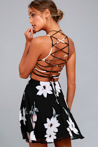 Happy Together Black Floral Print Lace-Up Dress