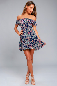 My Favorite Navy Blue Floral Print Off-the-Shoulder Dress