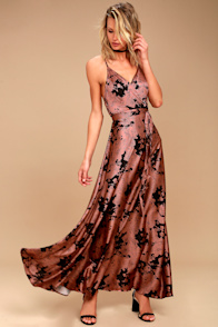 Tea Gardens Rusty Rose Floral Print Satin Maxi Dress