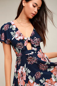 Botanic of Time Navy Blue Floral Print Tie-Front Skater Dress