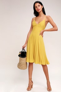 Troulos Mustard Yellow Lace-Up Midi Dress