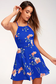 Cherished Moment Royal Blue Floral Print Lace-Up Skater Dress