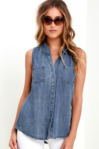 Courtesy Collar Blue Chambray Top