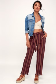 burgundy striped trousers
