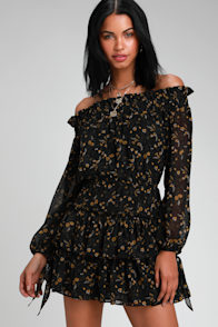 Benson Black Floral Print Off-the-Shoulder Ruffled Skater Dress