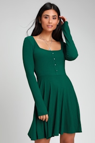 Alondra Forest Green Long Sleeve Skater Dress