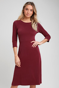 Sweet Like Me Burgundy Long Sleeve Midi Skater Dress