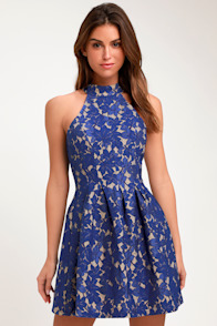 Seasons of Love Royal Blue Lace Halter Skater Dress