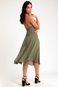 Troulos Olive Green Lace-Up Midi Dress