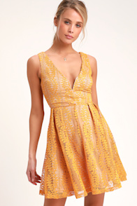 All of My Heart Mustard Yellow Lace Skater Dress