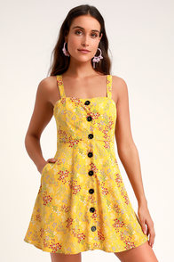 Wandering Wildflower Yellow Floral Print Button-Up Skater Dress