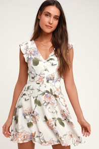 Garden Love Cream Floral Print Backless Skater Dress