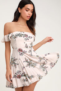 One Sweet Day Light Pink Floral Print Off-the-Shoulder Dress
