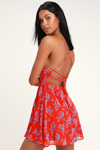 Cherished Moment Red and Blue Print Lace-Up Skater Dress