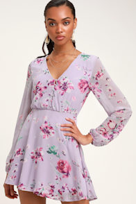 Always Yours Lavender Floral Print Long Sleeve Skater Dress