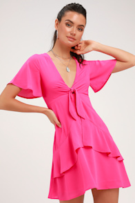 Jewell Fuchsia Pink Tie-Front Ruffled Skater Dress