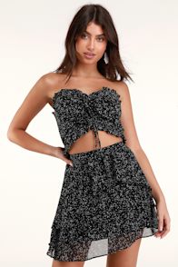 Lillian Black Print Ruffled Skater Skirt