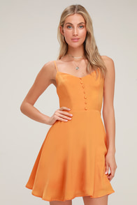 Rebecka Orange Button Front Skater Dress