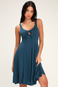 Haileah Teal Blue Tie-Front Sleeveless Midi Dress