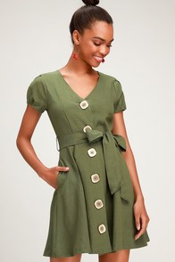 Soothing Ways Olive Green Button-Front Skater Dress