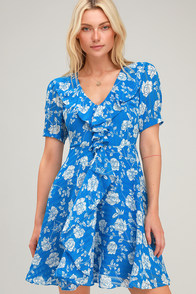 Ximena Blue Floral Print Ruffled Short Sleeve Mini Dress