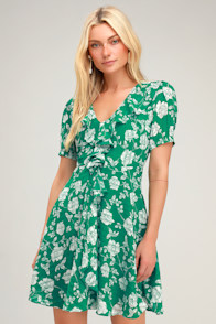 Ximena Green Floral Print Ruffled Short Sleeve Mini Dress