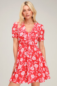Ximena Coral Red Floral Print Ruffled Short Sleeve Mini Dress