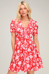 Ximena Coral Red Floral Print Ruffled Short Sleeve Mini Dress