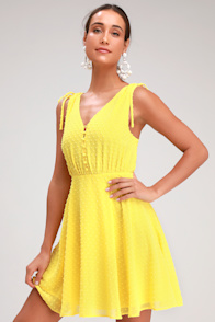 Chara Yellow Swiss Dot Button-Up Skater Dress