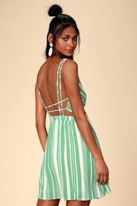 Oceanside Adventure Green Striped Backless Skater Dress