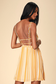 Oceanside Adventure Mustard Yellow Striped Backless Skater Dress
