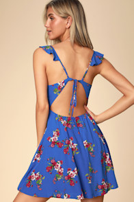 Brilliant Bouquets Blue Floral Print Backless Skater Dress